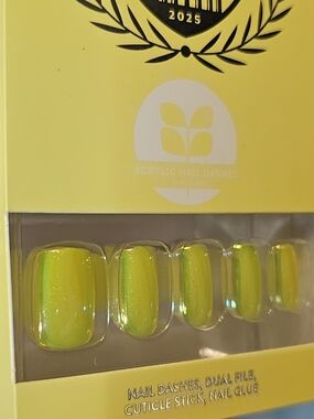 Neon Yellow Acrylic Press-On Nails - Iridescent Finish